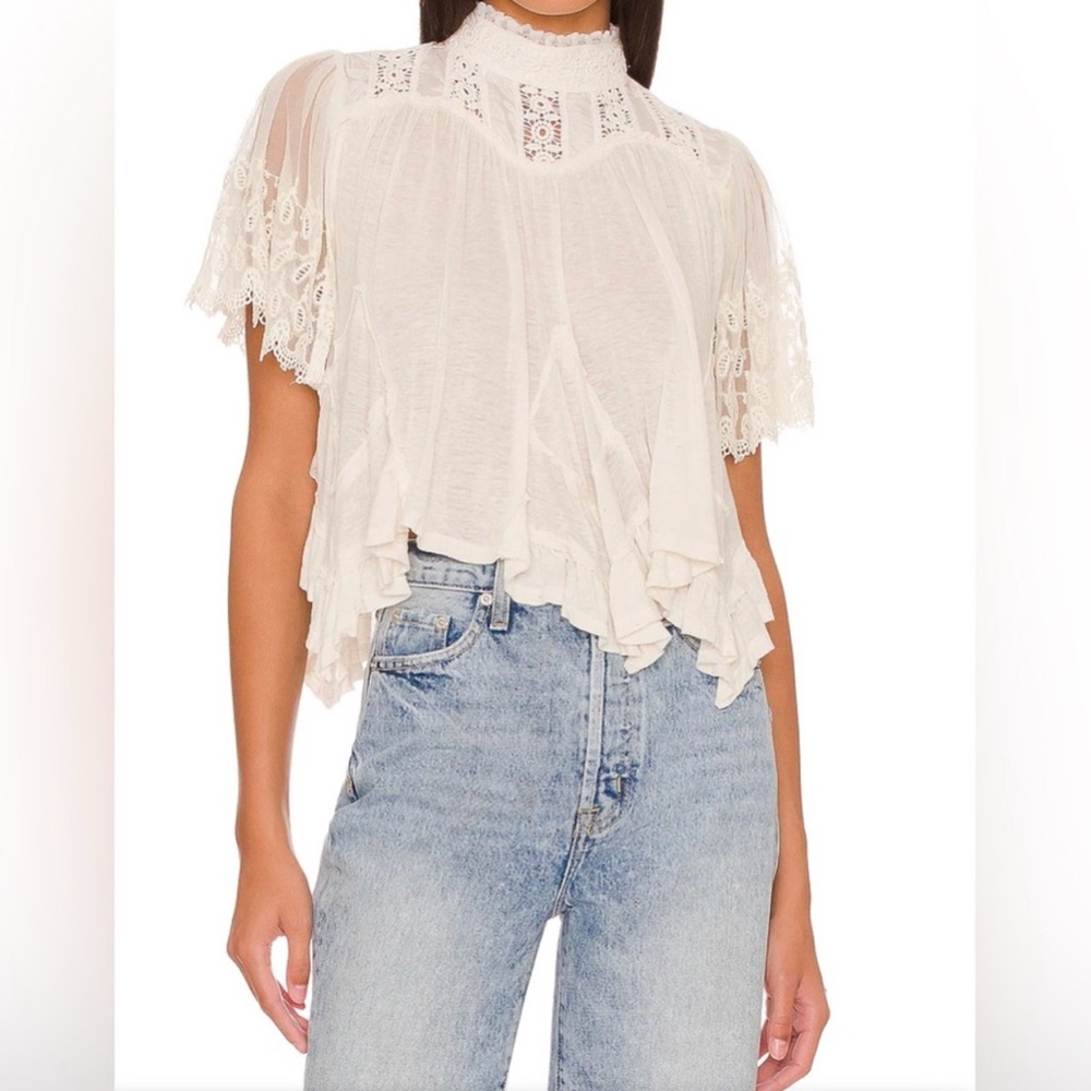 Free People Savannah Top Boho Ivory Ruffled Blouse with Flutter Sleeves